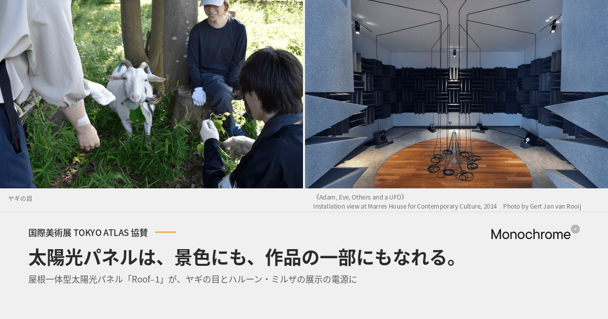 モノクローム、国際美術展「TOKYO ATLAS」に協賛 ― 屋根一体型太陽光パネル「Roof–1」が「ヤギの目」「ハルーン・ミルザ」の展示の電源に(画像提供:国際美術展「TOKYO ATLAS」広報事務局)
